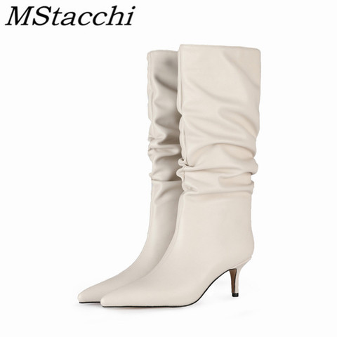 Mstacchi Sexy Folds Boots Thin Heel  Plush In Solid Color Woman Large Size 2022 The New Concise Design Madam Shoes Calzado Mujer ► Photo 1/6
