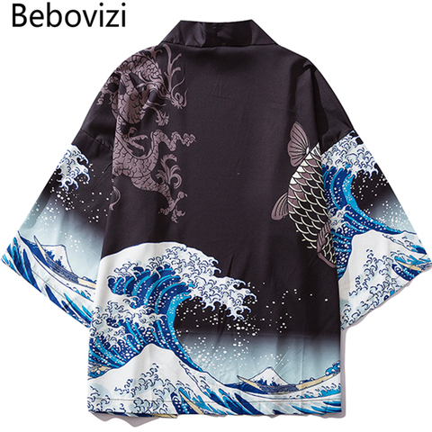 Bebovizi Japanese Wave Koi Print Kimono Cardigan Jackets Mens Fashion Outwear Japan Style Casual Streetwear Thin Coats 2022 ► Photo 1/6