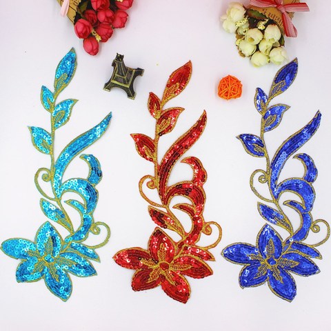 Iron On Patches Mirror Pair Flower Sequined Appliques Trims Hologram Sequined Diy Dance  Accessories Gold And Silver 12.5*31cm ► Photo 1/6