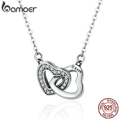 [Coupon $15 OFF $3] BAMOER Valentine Day Gift 925 Sterling Silver Connected Heart Couple Heart Pendant Necklace for  SCN181 ► Photo 1/6