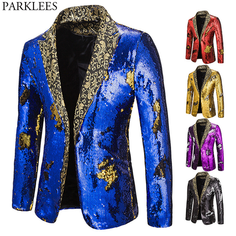 Luxury Royal Blue Sequin Glitter Blazer Jacket Men Flower Lapel 2 Color Conversion Blazers Mens Nightclub Stage Singers Custmes ► Photo 1/6