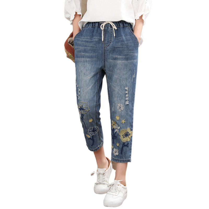 Yalabovso Ladies Vintage Embroidery Jeans 2022 Chinese Summer Fashion Style Women Casual Flower Denim Calf-lenght Harem Pants ► Photo 1/6