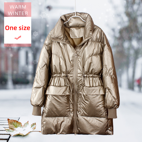 Women Long  White Duck Down Jacket Stand Collar Female Thick Loose Style Warm Coat With Waistband Windproof Good Quanlity ► Photo 1/6