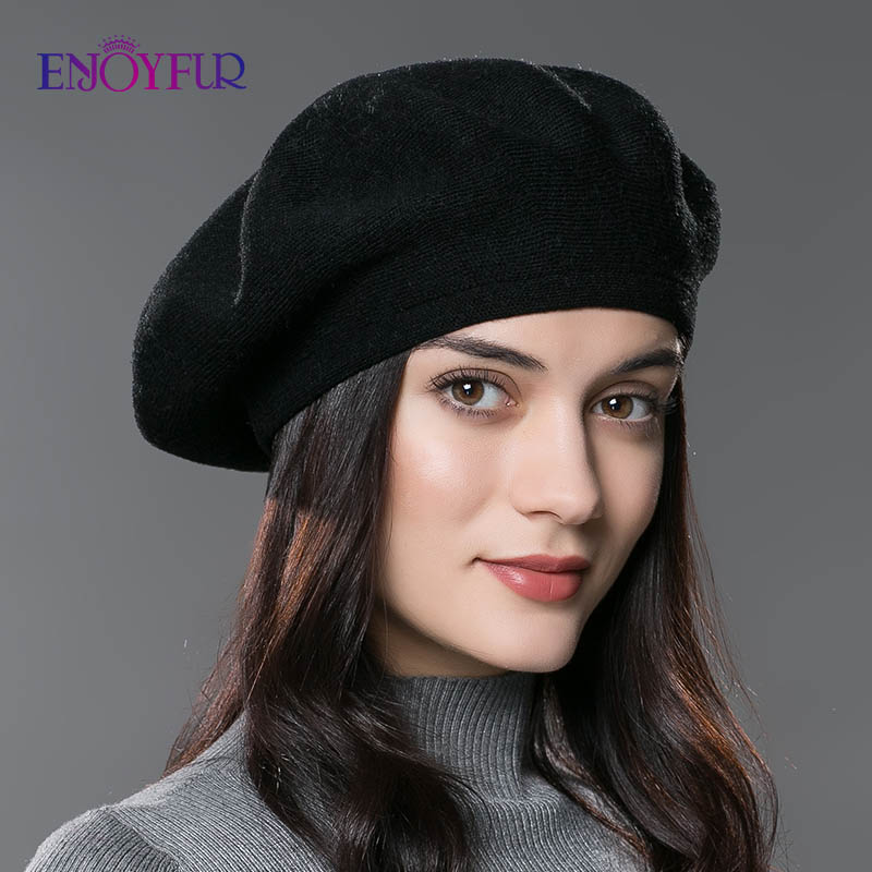 ENJOYFUR Winter Fur Pompom Hats For Women Cashmere Wool Knit