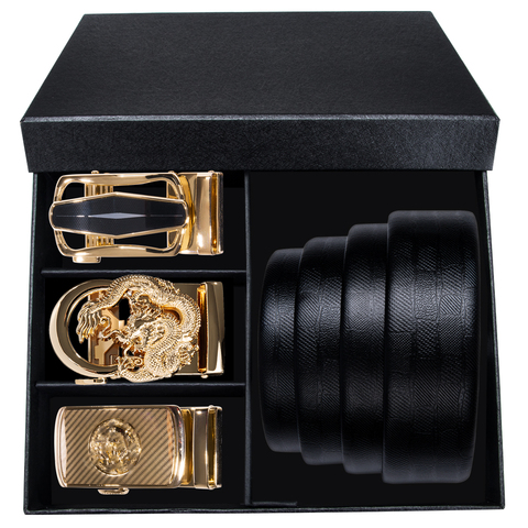 Hi-Tie Business Style Men's Genuine Leather Automatic Buckle Belt Strap Black Long Fashion Buckle Wedding Belt Box for Men Gift ► Photo 1/6