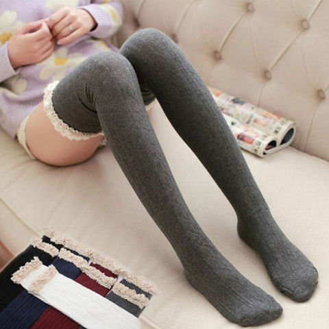 Women Girls Cable Knit Extra Long Boot Stockings Lace Edge Over Knee Thigh High Warm Stocking ► Photo 1/6