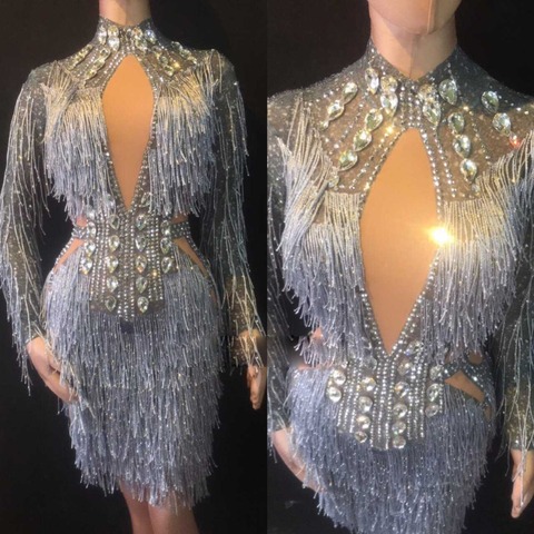 Fashion Crystals Mesh Dress Sexy Rhinestones See Through Stretch Stage Dance Wear Evening Celebrate Fringes Dress Costume ► Photo 1/5