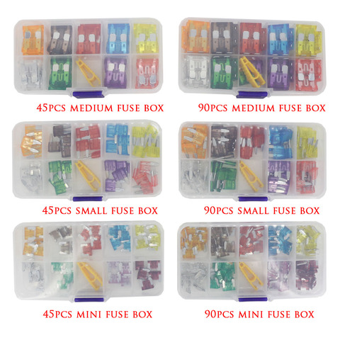 Combination car fuse 45/90PCS mini/small/medium size 5~40A 32V  Assortment Automotive Blade Type Fuse with box and clip ► Photo 1/6