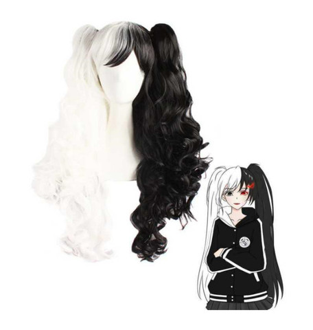 Danganronpa Monokuma Women Long Ponytails Curly Wig Cosplay Costume White Black Mix Heat Resistant Synthetic Hair Wigs + Wig Cap ► Photo 1/6