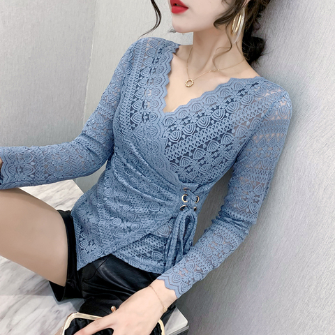 2022 Autumn Women lace top Long sleeve Sexy V-neck Bow tie Crochet White shirt Fashion Hollow out blouse Blusa ► Photo 1/6