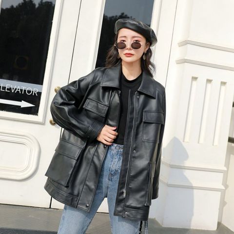 FMFSSOM Spring Autumn Four Big Pocket 2022 Chic Loose Design MotoBike BF Vintage Retro Women Lady Pu Leather Jacket ► Photo 1/6