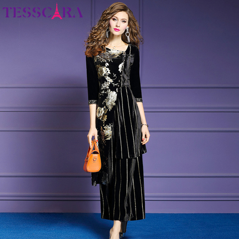 TESSCARA Women Autumn & Winter Elegant Velvet Pant Suit Set Female Vintage Two Piece Set Floral Designer Party Two-piece Suits ► Photo 1/6