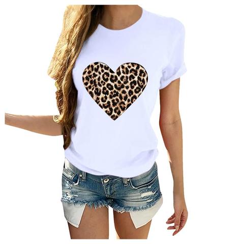 Plus Size Women T-Shirt 2022 Summer Leopard Heart Print T Shirt Women Casual White Tops Loose Short Sleeve Tshirt Camisas Mujer ► Photo 1/6