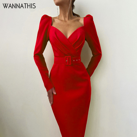 WannaThis Elegant Party Dress Slim V Neck Long Sleeve Midi Pencil Dress With Belt Casual Office Lady Solid Red Puff Sleeve Fall ► Photo 1/6