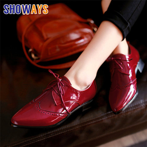 Spring Autumn Women Flats British Patent Leather Derbies Pointed Toe Casual Dress Party Lace Up Oxfords Red Black Lady Brogues ► Photo 1/6