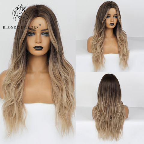 BLONDE UNICORN Long Wavy Ombre Brown Wigs for Women Natural Cosplay Synthetic Hair Wigs with middle part Heat Resistant Fiber ► Photo 1/6