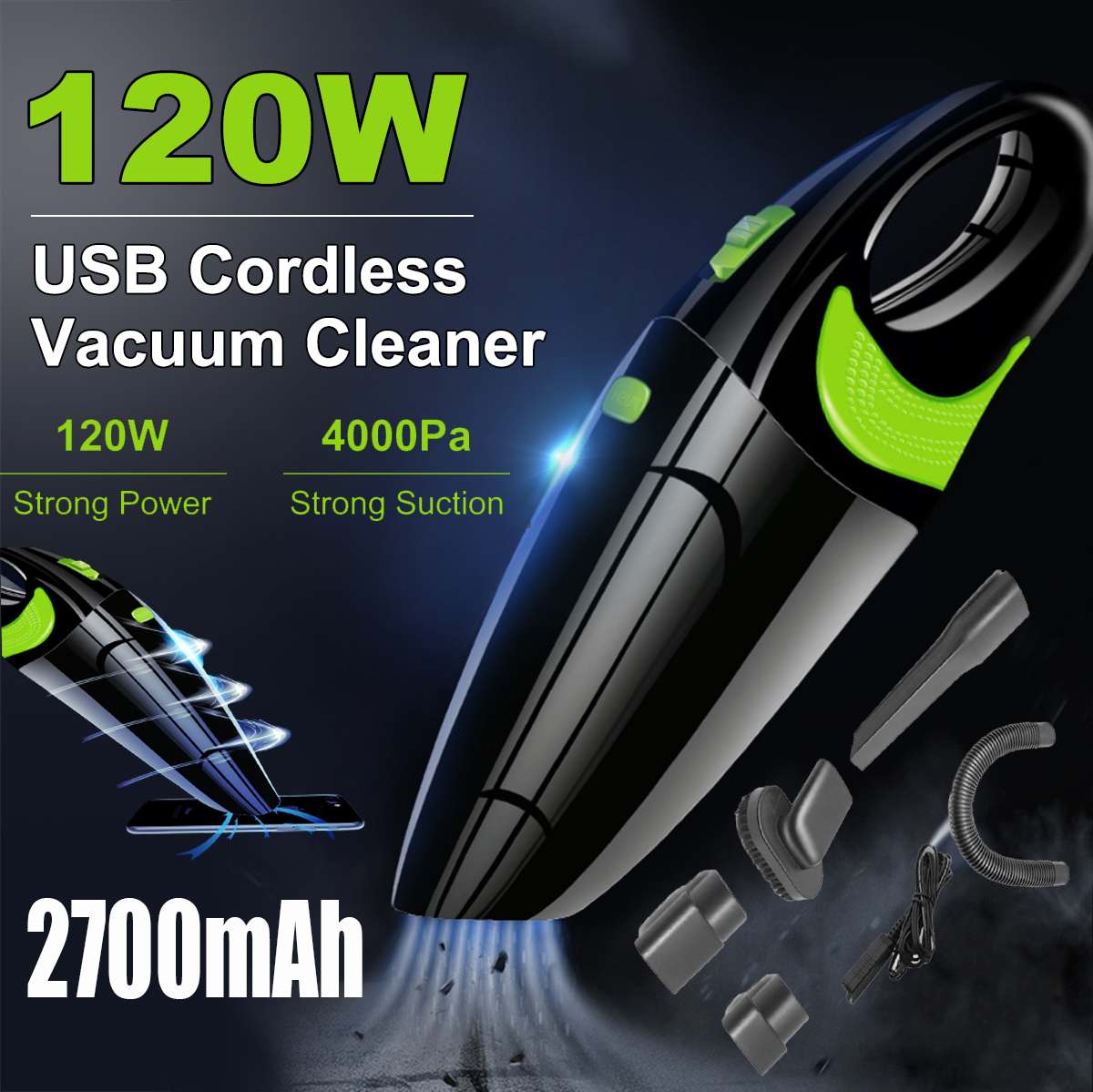 120W Cordless Car Vacuum Cleaner Wet Dry Dual-use Dust Catcher USB Portable 
