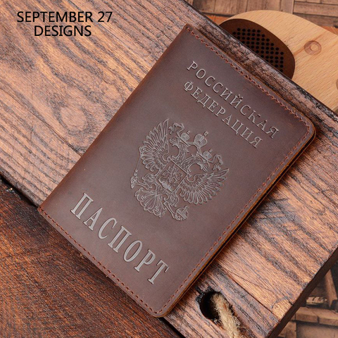 Russian Federation Passport Case Men Crazy Horse Leather Passport Cover Women 100% Genuine Cowhide Leather Travel Passport Bag ► Photo 1/6