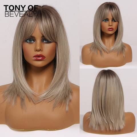 Medium Length Ombre Brown to Blonde Straight Hair Wigs with Bangs Synthetic Wigs for Women Cosplay Heat Resistant Natural Wigs ► Photo 1/6