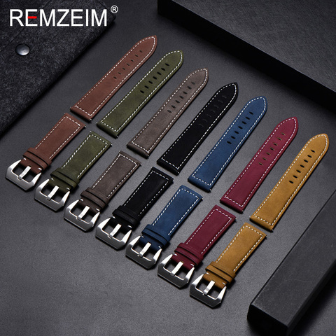 REMZEIM New Black Brown Blue Red Retro Matte Leather Watch Band 18 20 22 24mm Leather Strap Stainless Steel Buckle Watchbands ► Photo 1/6