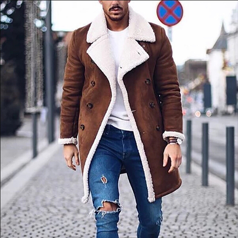 Fashion Men Faux Fur Lambswool Trench Coat Winter Warm Thicken Jacket Woolen Peacoat Long Parka Overcoat Tops ► Photo 1/6