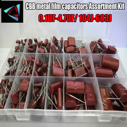 24 values 344pcs 63V 100V 250V  400V 450V 1250V 2000V 3000V 0.1UF-4.7UF 104J-683J CBB metal film capacitors Assortment Kit with ► Photo 1/1