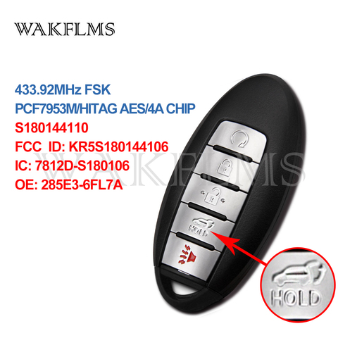 5 Button Smart Remote Car Key 433.92Mhz For Nissan Rogue 2017-2022 with PCF7953M HITAG AES 4A CHIP KR5S180144106 S180144110 ► Photo 1/3