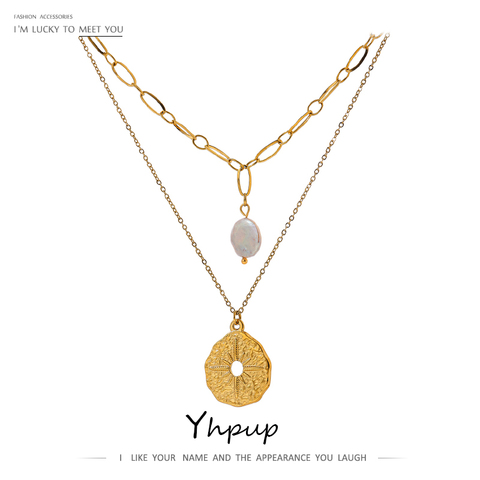 Yhpup Statement Round North Star Layered Pendant Necklace for Women Golden Stainless Steel Natural Pearl Chain Collar Necklace ► Photo 1/6