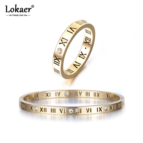 Lokaer Roman Numerals Bangles Rings Jewelry Sets Classic Gold Stainless Steel Cubic Zirconia Wedding Ring Bangle Sets SE031G ► Photo 1/6