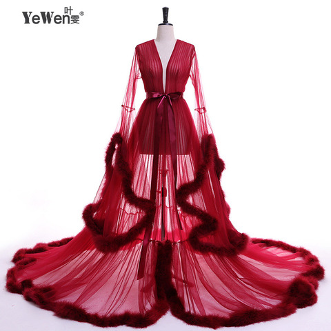 Long Sleeve Feather Tulle Party Evening Dresses 2022 Sexy Burgundy Red Formal Prom Dress Gown Women Plus Size robe de soiree ► Photo 1/6