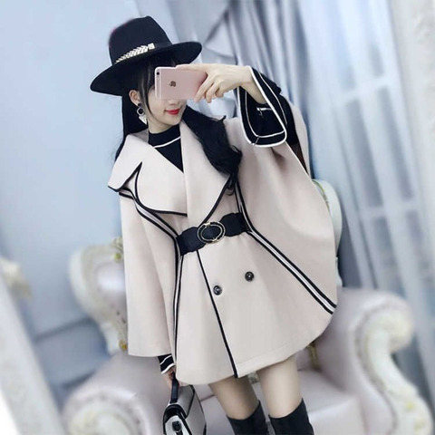 2022 New Autumn And Winter Women Coats  Women's Beige Black-Edged Bat Cloak Cape Woolen Coat ► Photo 1/6