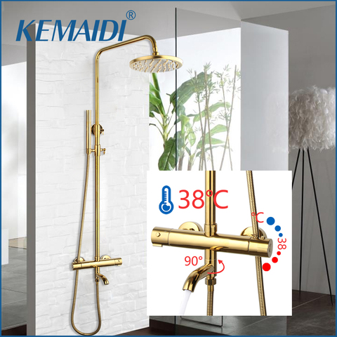 KEMAIDI Thermostatic Shower Set Gold Bathroom Shower System 38 Thermostatic Bath Shower Set Square Rainfall Top Shower Faucet ► Photo 1/6