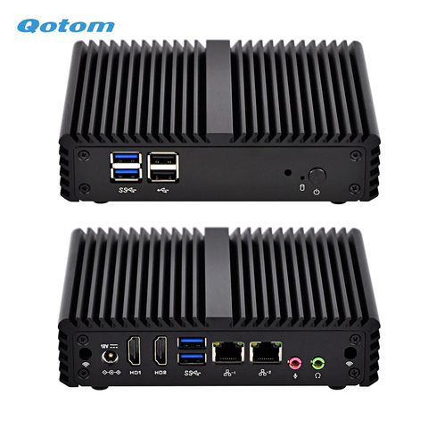 Qotom Fanless Mini Industrial PC with 2 LAN and 2 display ports, Celeron J3160 Processor Quad core 2.24 GHz ► Photo 1/6
