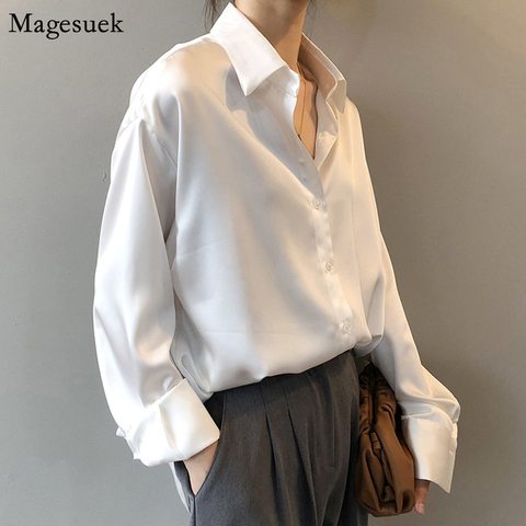New Spring Turn-down Collar Women Shirt White Loose Satin Solid Blouse Women Tops Casual Button Silk Shirt Woman Blusas 11355 ► Photo 1/6