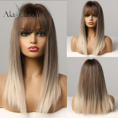 ALAN EATON Long Straight Hair Ombre Black Brown Gray Ash Lolita Bob Synthetic Wig with Bangs for Women Cosplay Heat Resistant ► Photo 1/6