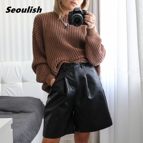 Plus Size PU Leather Women's Half Pants New 2022 Autumn Winter Elastic Waist Wide Leg Pants Elegant Female OL Trousers Pocket ► Photo 1/6