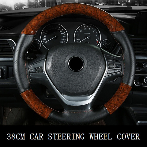 Universal Mahogany Wood Leather Auto Car Steering Wheel Cover Fit 38cm Wheel car Steer Wheel Covers Car interior decoration ► Photo 1/5