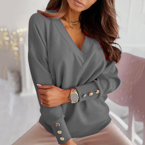 Women's sweater Autumn Solid Color Deep V Neck Pocket Single-breasted Long Sleeve Pullover Knitted Cardigan Tops 2022 Oversized ► Photo 1/6