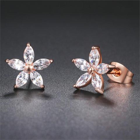 Double Fair AAA+Cubic Zircon Flower Rose Gold Color Stud Earrings HotSale Fashion Engagement Crystal Jewelry For Women DFE062 ► Photo 1/6