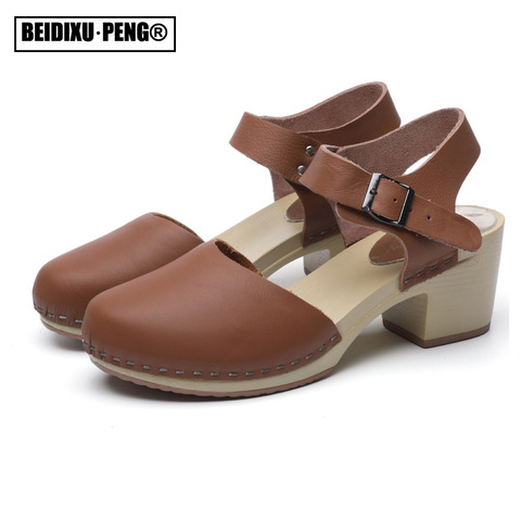 Women Heeled Wedge Pumps Mary Jane Genuine Leather Round Head Closed Toe Ankle Strappy Buckle Platform Mules Sandal Shoes ► Photo 1/6