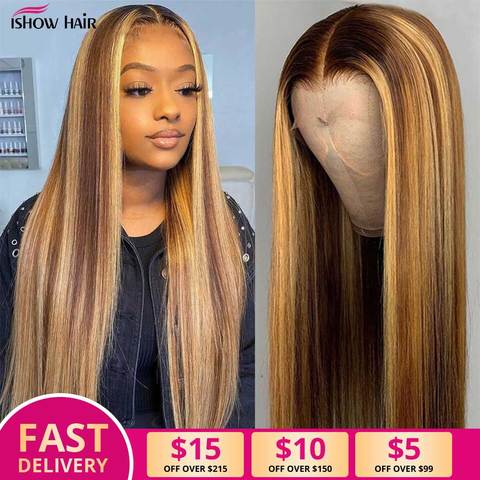 Ishow Highlight Wig Brown Colored Human Hair Wigs 13X4 13X6x1 Ombre Straight Lace Front Wig Highlight Lace Front Human Hair Wigs ► Photo 1/6