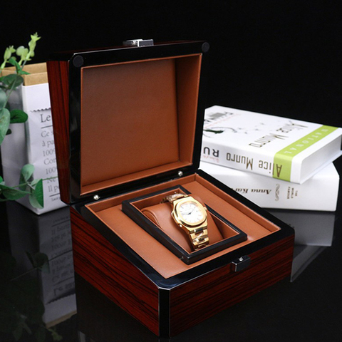 Premium Brown Wood Watch Box Single Slot Jewelry Storage Holder Square ► Photo 1/5