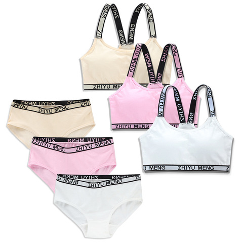 Cotton Girls Bra And Panty Sets Teenage Girls Cotton Padded Training Bra + Panties Kids Sports Bra Panties Underwear ► Photo 1/6