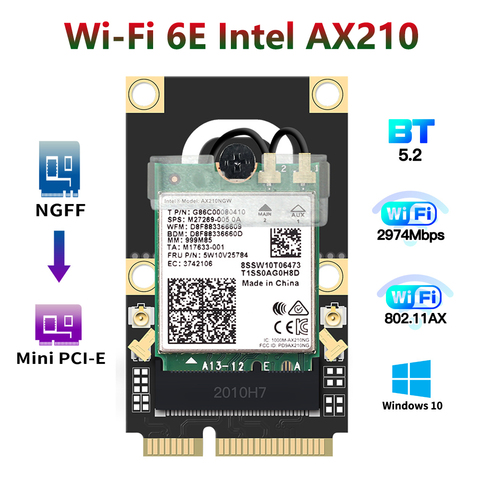 Mini PCI-E Wifi 6E Adapter Intel AX210 Bluetooth 5.2 Wifi 6 Card 2.4G 5Ghz 6Ghz Wireless 3000Mbps AX210NGW 802.11ax/ac 160Mhz ► Photo 1/6