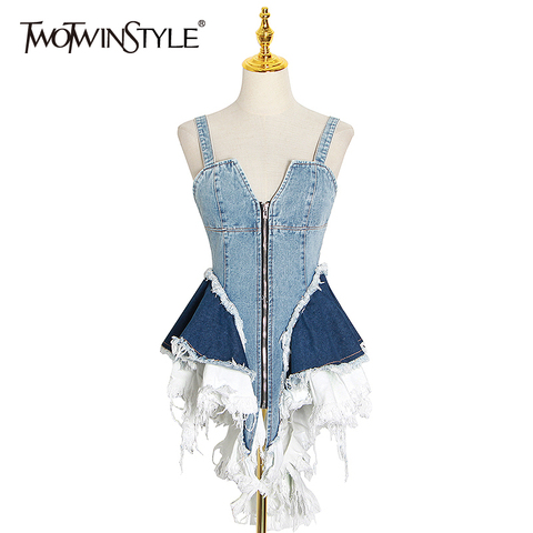 TWOTWINSTYLE Sexy Patchwork Denim Women Tops Square Collar Sleeveless Spaghetti Strap Tunic Mesh Ruffles Hit Color Vests Female ► Photo 1/6