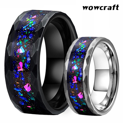 8mm Hammered Tungsten Carbide Rings for Men Women Wedding Bands Galaxy Crushed Opal inlay Brushed Finish Comfort Fit ► Photo 1/6