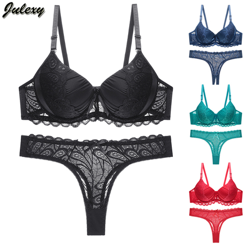 Julexy New 2022 Sexy thong Women Bra Set B C Cup Hollow Out Underwear Panty Set Push Up Solid Lace Bra Brief Sets Intimates ► Photo 1/6