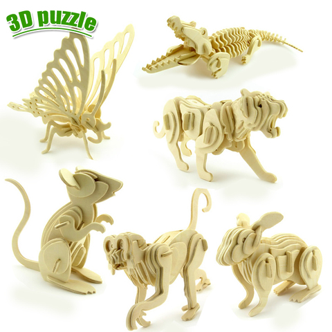 1 pcs educational puzzles dinosaur animals three-dimensional model assembled wooden puzzle toy 3D DIY for baby child wooden toys ► Photo 1/6