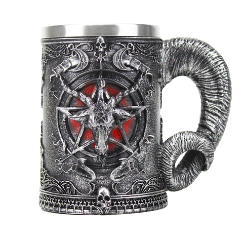 Baphomet Mug Tankard Stainless Steel Resin 3D Baphomet Pentagram Sabbatic Gothic Wicca Pagan Horn Beer Tankard Cup Mugs 600ml ► Photo 1/6