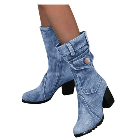 Blue jeans boots Women's Mid-rise Rome Solid Slip-On Chunky Med Heels Boots wild vintage Large Size Ladies shoes ► Photo 1/6